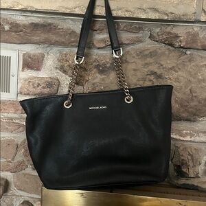 Michael Kors Jet Set Black Leather Tote with Gold Chain Handles